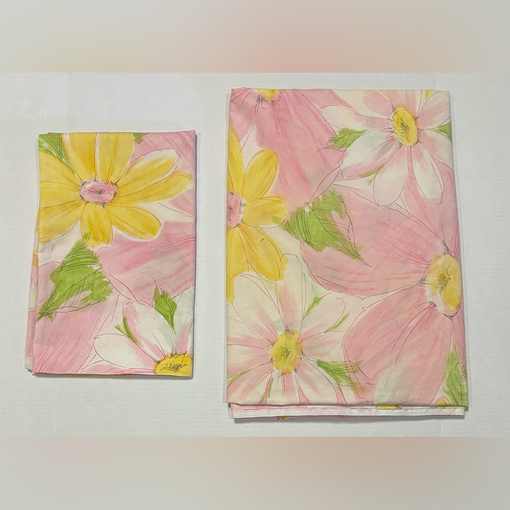 Vintage Cannon Royal Family Pink Floral Full Flat Sheet & Standard Pillowcase